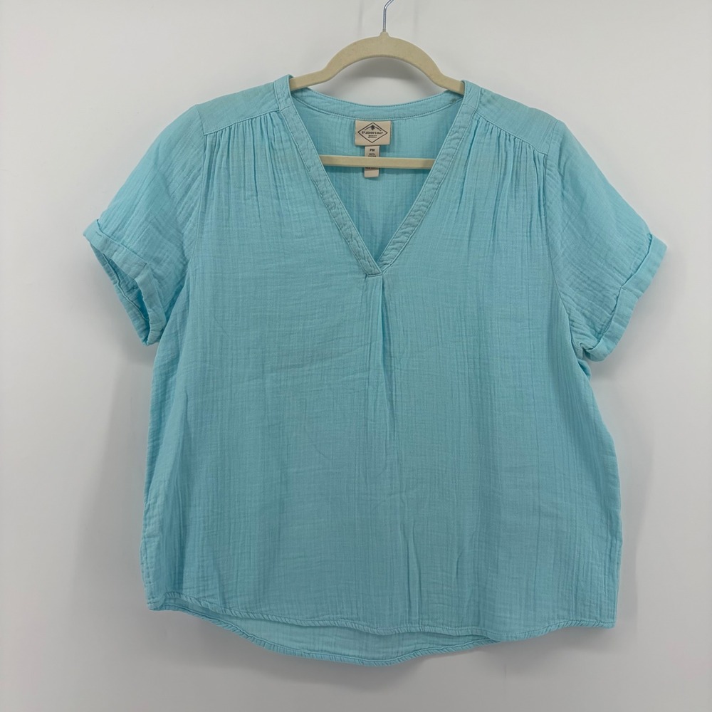 St‎ Johns Bay Women PM Aqua Blue Cotton Gauze V-Neck Short Sleeve Blouse Top
